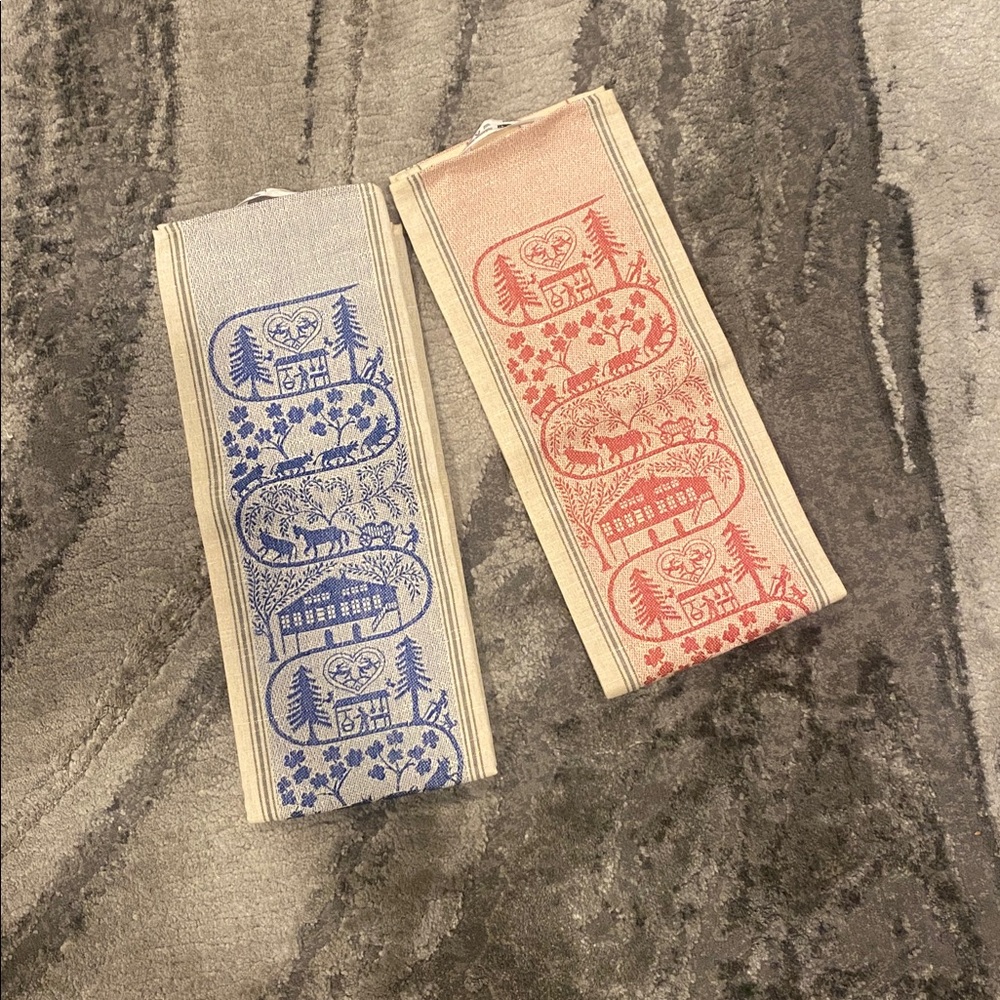 Swiss Scherenschnitt Appenzell Farm Kitchen Towels - Set of 2 (Red & Blue - Picture 5 of 10